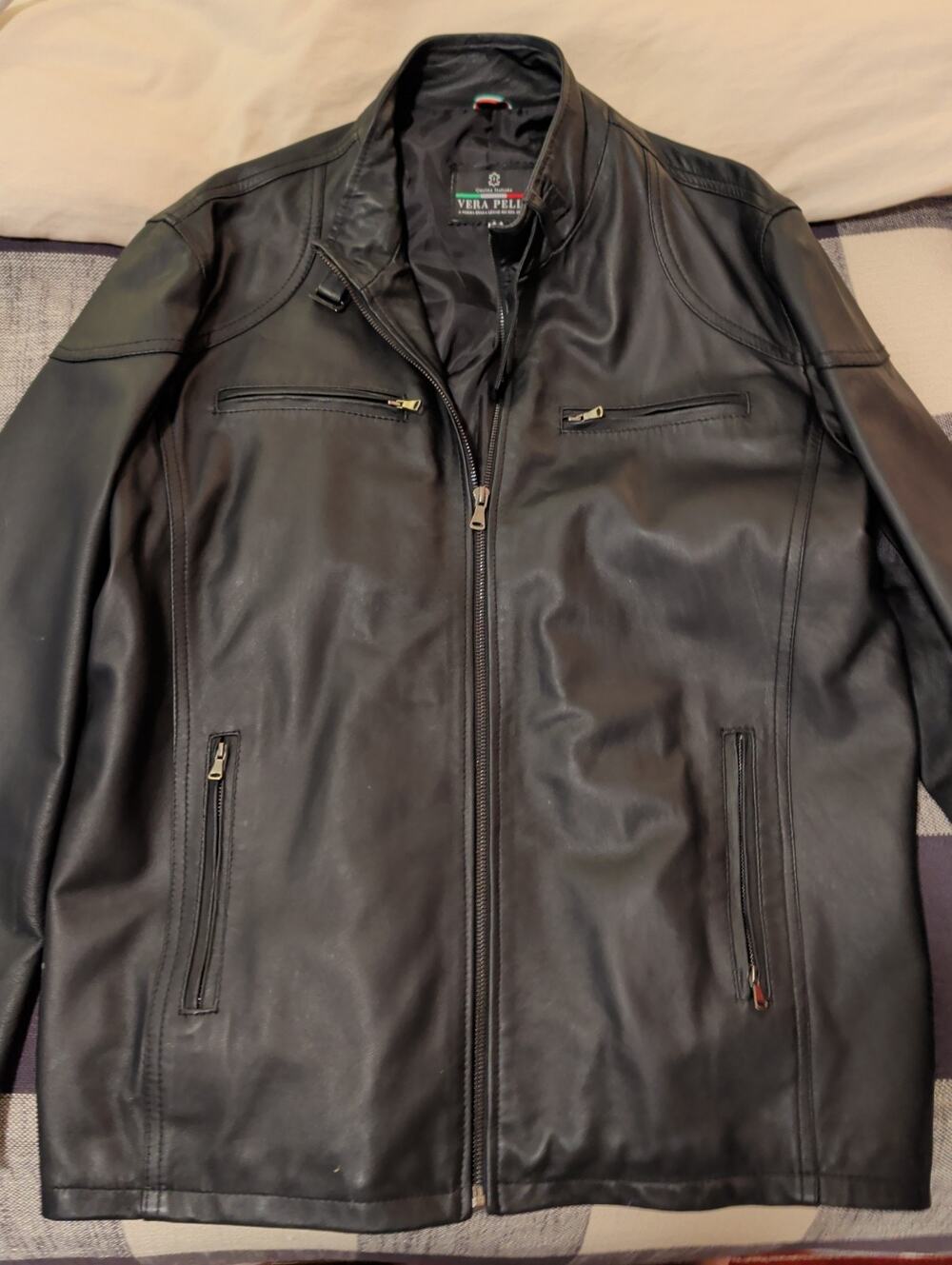 GUALTIERO Vera Pelle Black Genuine Leather Jacket Mens 54 XL Slim Italian Biker